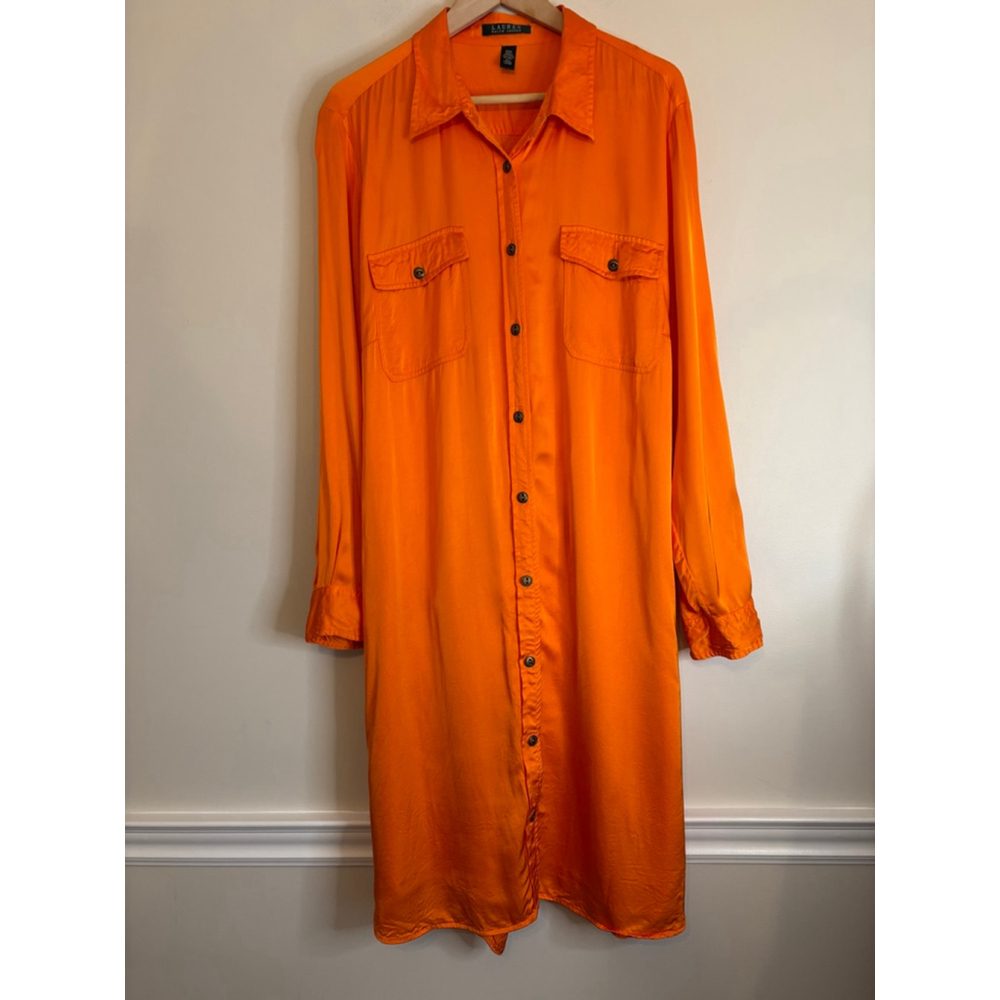 Ralph Lauren Orange Satin Shirt Dress Belted 22W - Picture 3 of 11